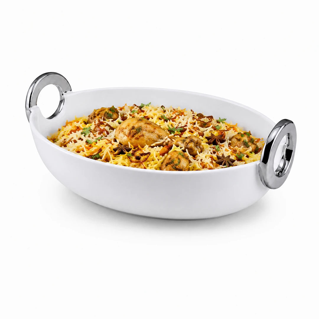 Brilliant Ceramic Oval Serving Dish With Silver Handle | White And Silver | 12 Inch
