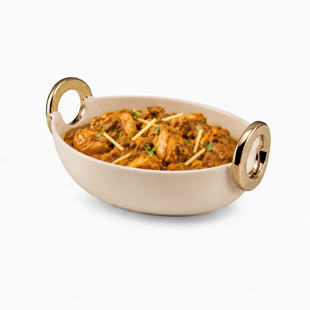 Brilliant Ceramic Oval Serving Dish With Gold Handle | Beige And Gold | 10 Inch