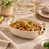 Brilliant Ceramic Oval Serving Dish With Gold Handle | Beige And Gold | 10 Inch