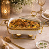 Brilliant Ceramic Rectangular Food Warmer With Gold Stand And Glass Lid | White And Gold | 13 Inch
