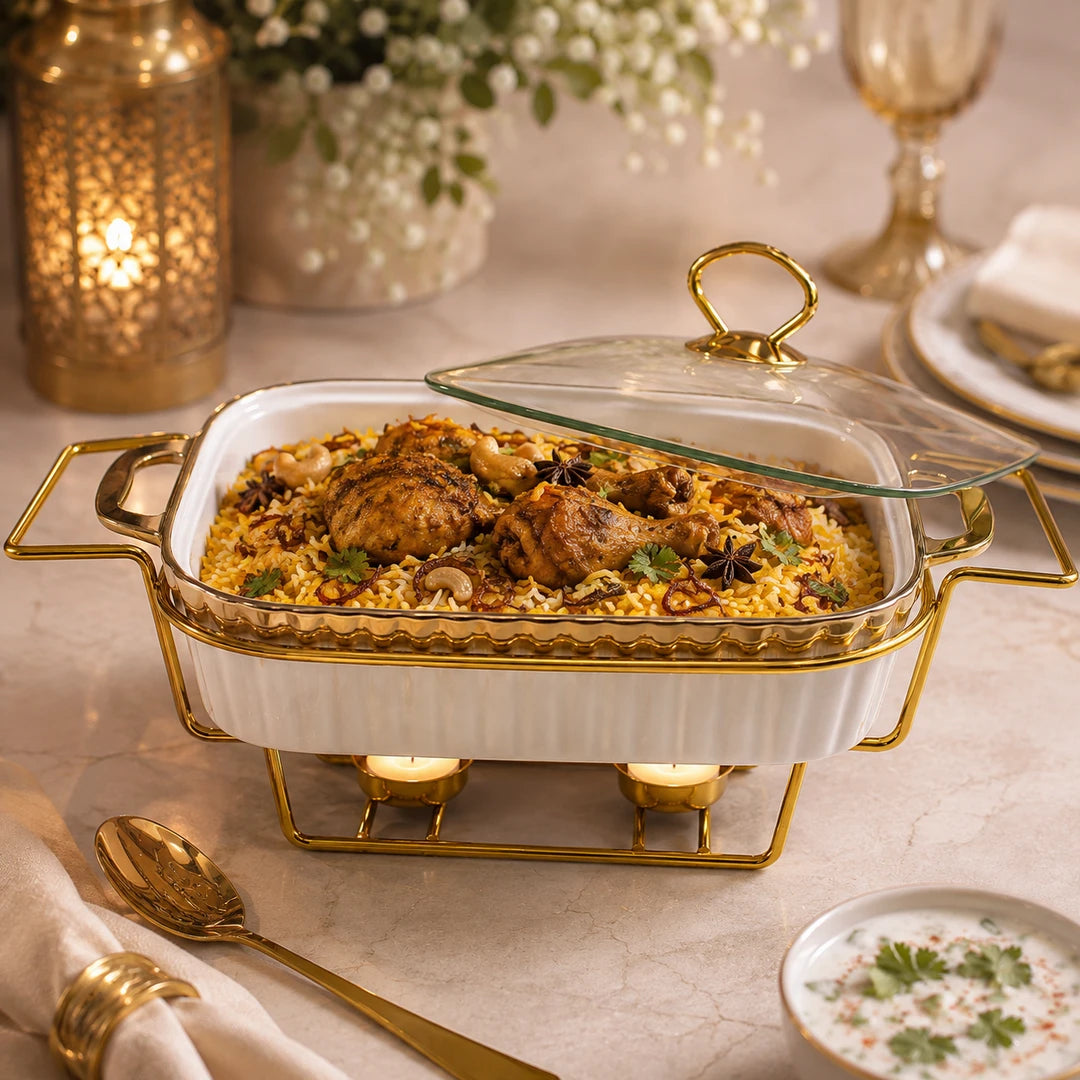 Brilliant Ceramic Rectangular Food Warmer With Gold Stand And Glass Lid | White And Gold | 13 Inch