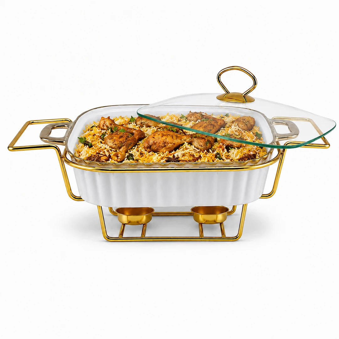 Brilliant Ceramic Rectangular Food Warmer With Gold Stand And Glass Lid | White And Gold | 13 Inch