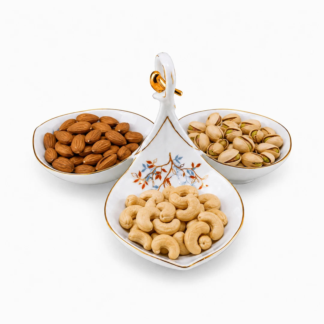 Angela Ceramic Serving Dish With Handle | Gold Leaf Design | 3-Portion