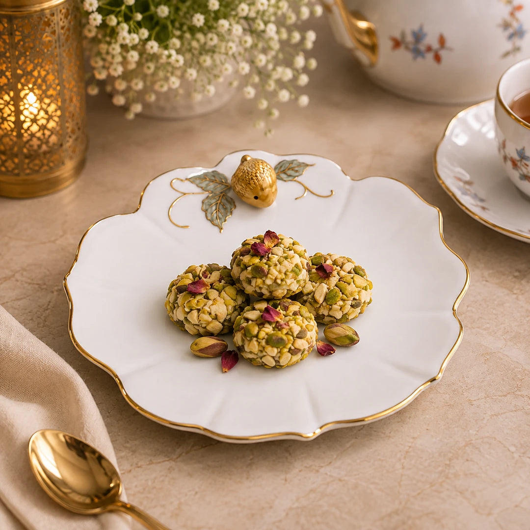 Angela Ceramic Flat Serving Plate | White & Gold Strawberry Design | 8 Inch