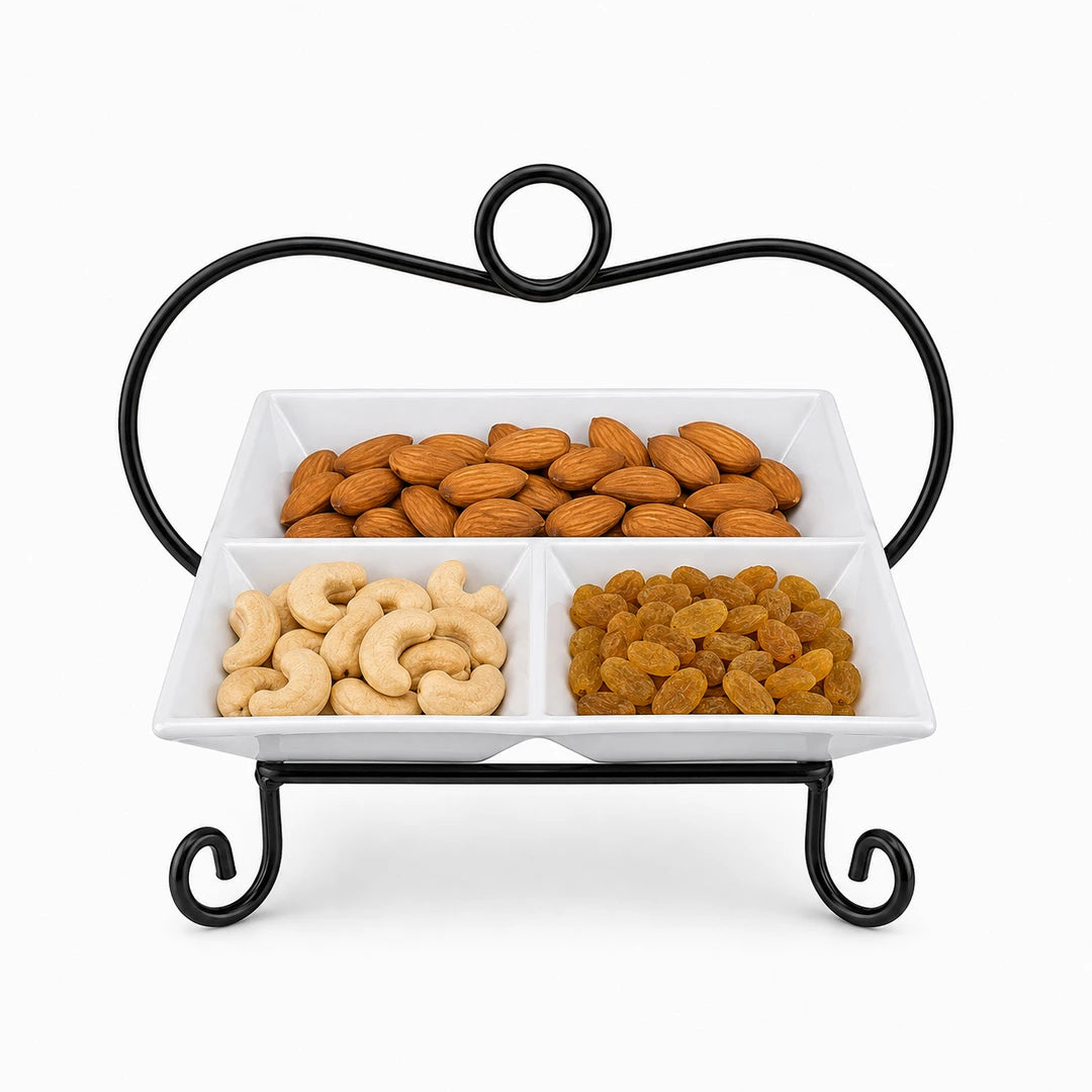Symphony Ceramic 3-Portion Square Serving Plate With Metal Stand | White & Black | 11×11 Inch