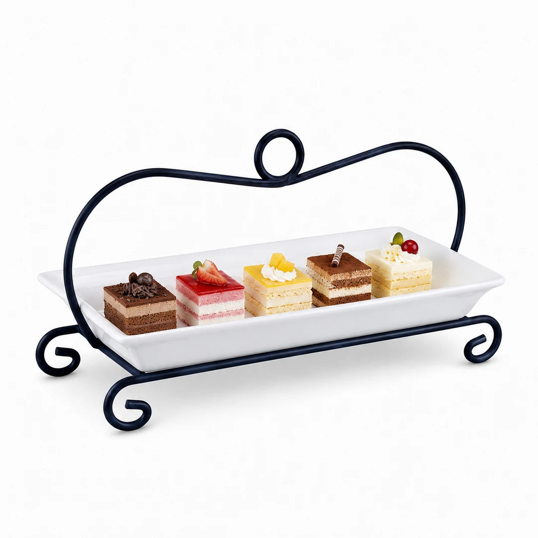 Symphony Ceramic Rectangular Dessert Stand | White & Black | 18 Inch