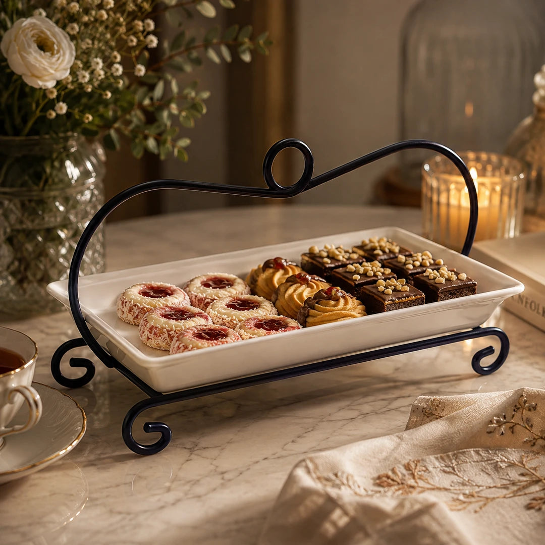 Symphony Ceramic Rectangular Dessert Stand | White & Black | 18 Inch
