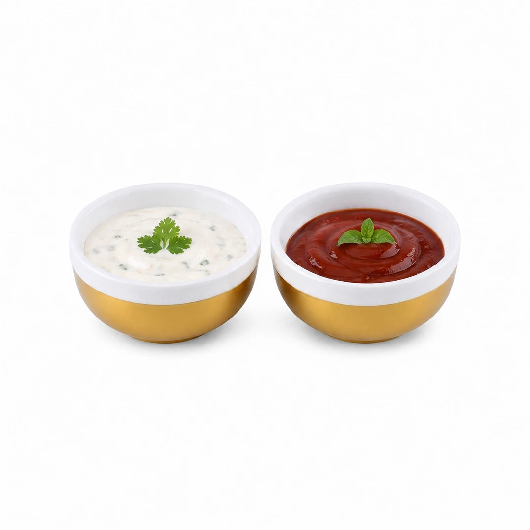 Symphony Ceramic Dip Bowl Set | White Inside & Gold Outside | 180 ML