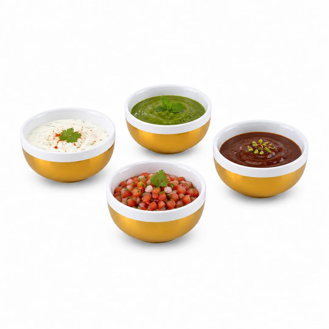 Symphony Ceramic Sauce Bowl Set | White Inside & Gold Outside | 110 ML