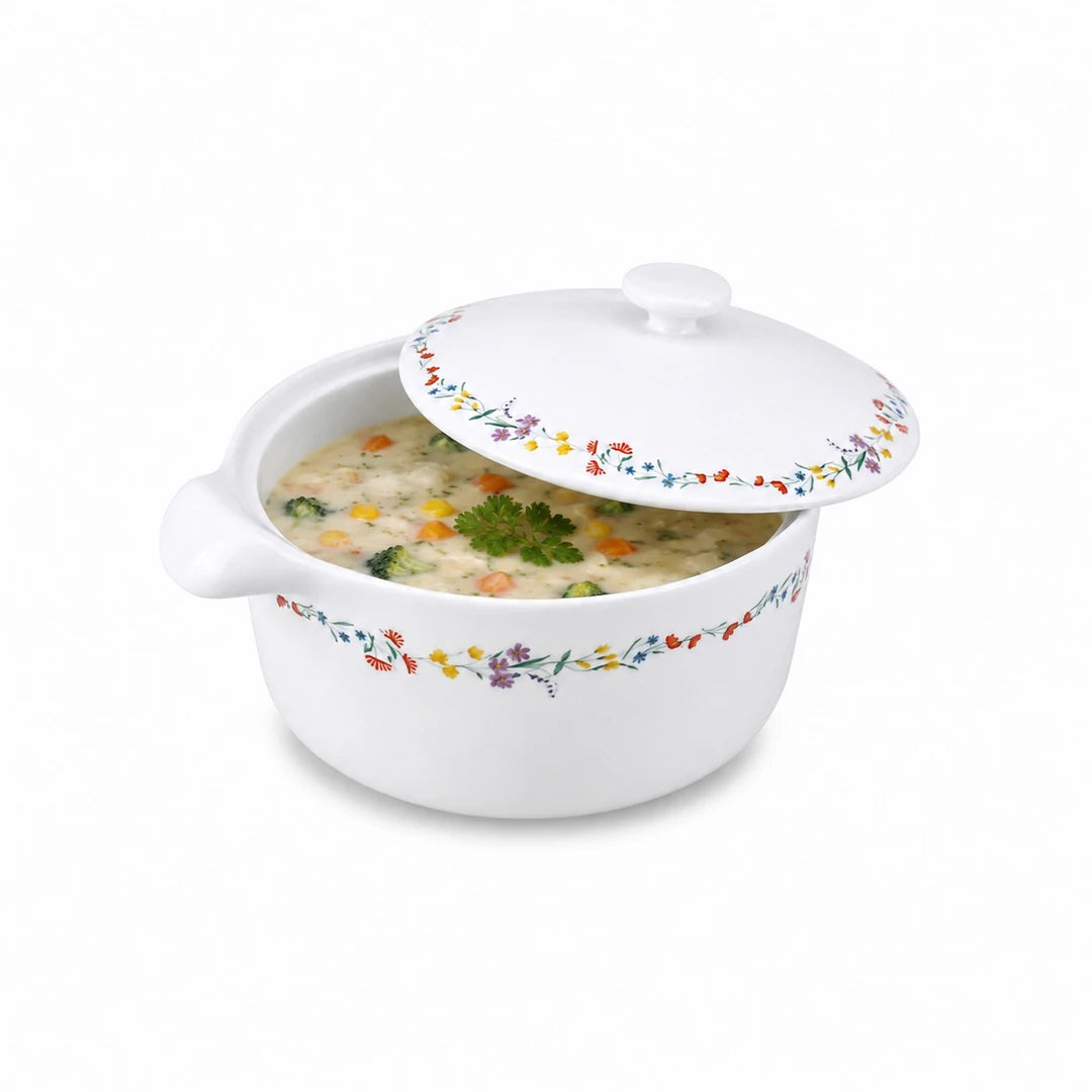 Danny Home Ceramic Serving Bowl | White Flower Design | 2 Litre