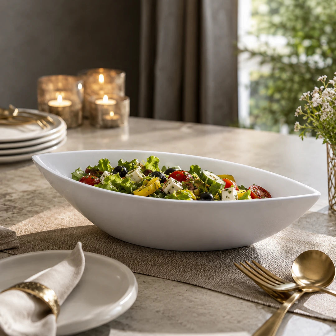 Symphony Ceramic Boat-Shaped Serving Bowl | White | 34 CM