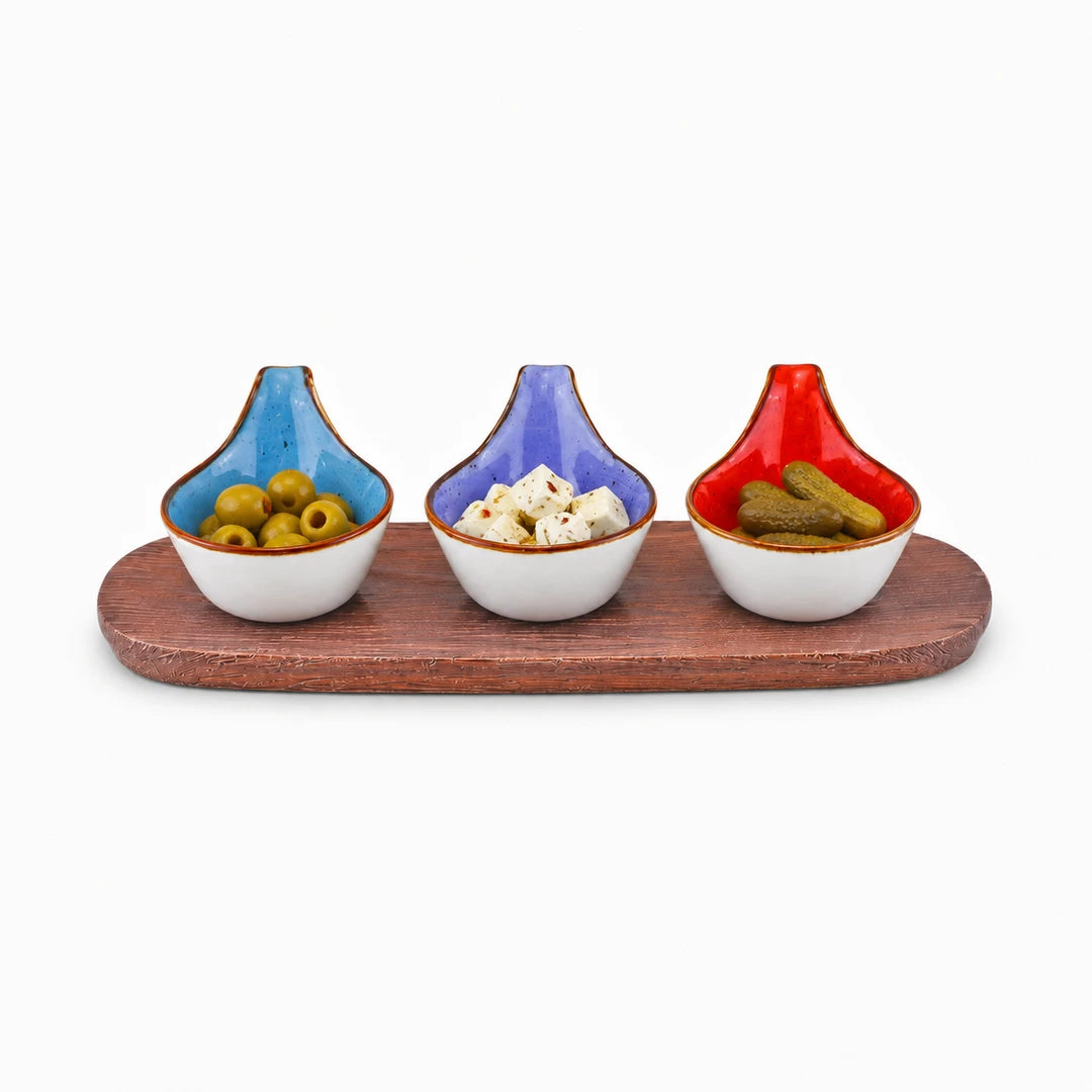 Danny Home Ceramic 4-Piece Teardrop Bowl Set With Wooden Liner | Sky Blue, Purple & Orange | 50 ML