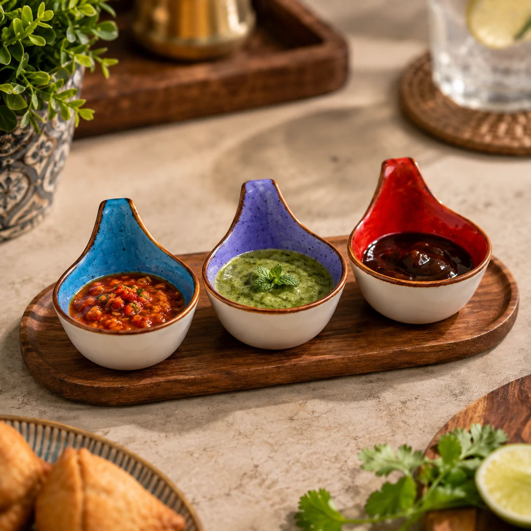 Danny Home Ceramic 4-Piece Teardrop Bowl Set With Wooden Liner | Sky Blue, Purple & Orange | 50 ML