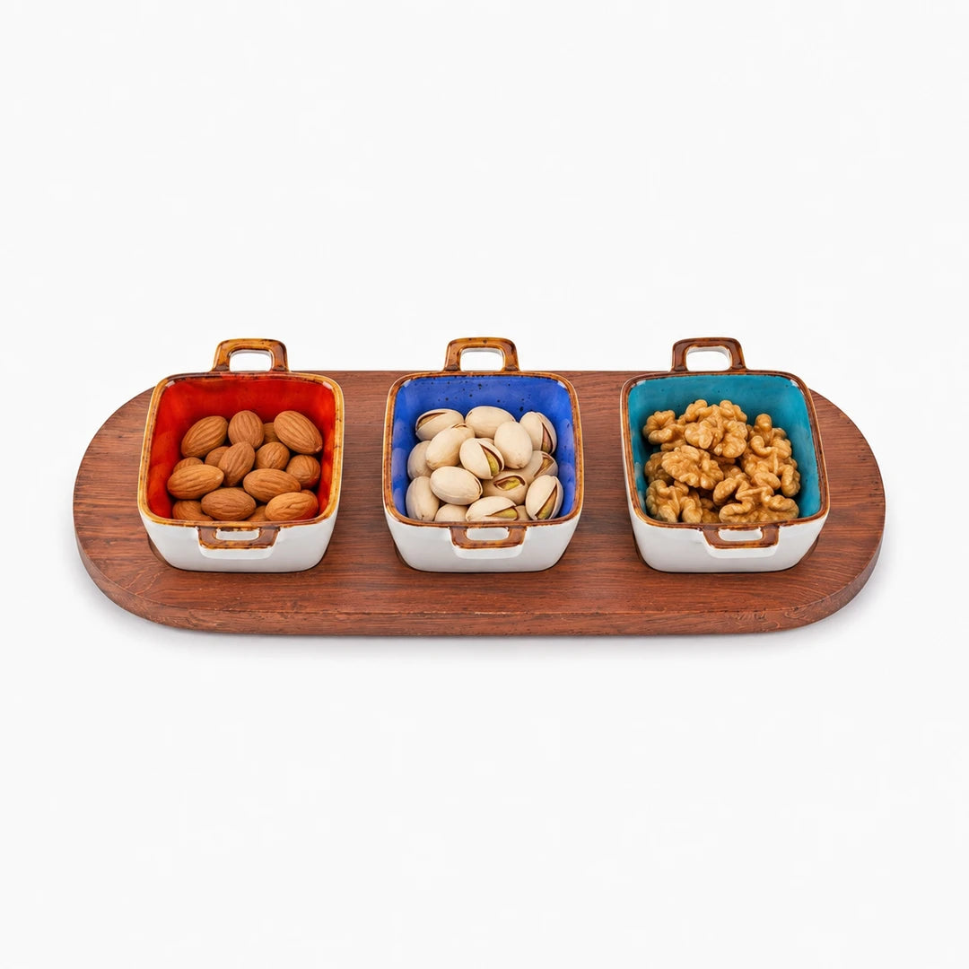 Danny Home 4-Piece Ceramic Square Bowl Set With Wooden Liner | Orange, Blue & Green | 50 ML