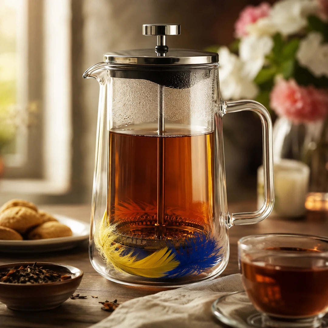 D.W.M Glass Double Wall French Press | Blue & Yellow Floating Feathers | 1 Litre