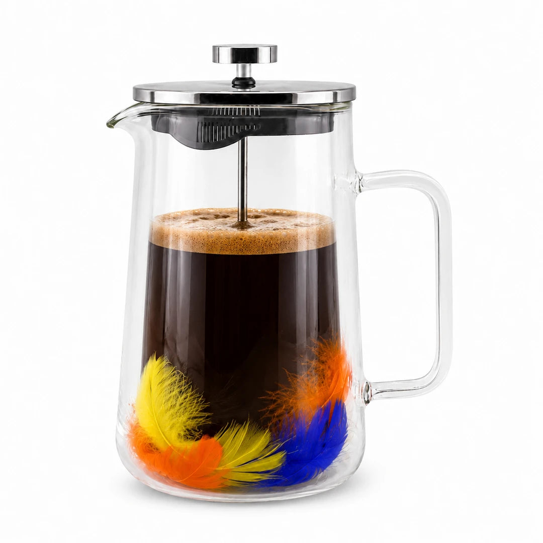 D.W.M Glass Double Wall French Press | Blue & Yellow Floating Feathers | 1 Litre