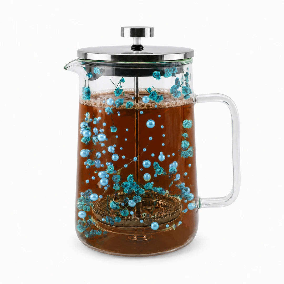 D.W.M Glass Double Wall French Press | Turquoise Gypsophila & Pearl Blue Beads | 1 Litre