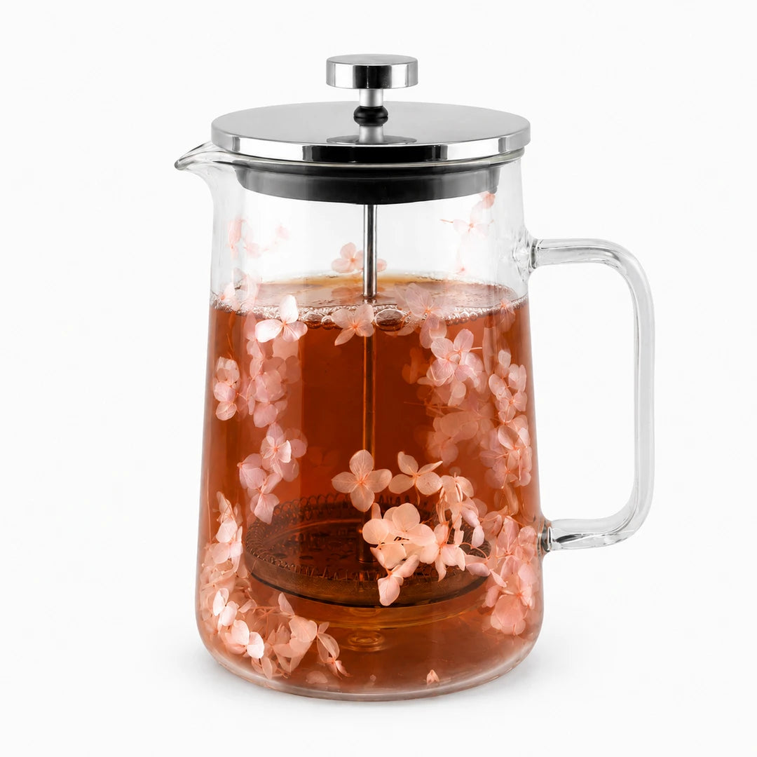 D.W.M Glass Double Wall French Press | Blush Pink Hydrangea Blossoms | 1 Litre