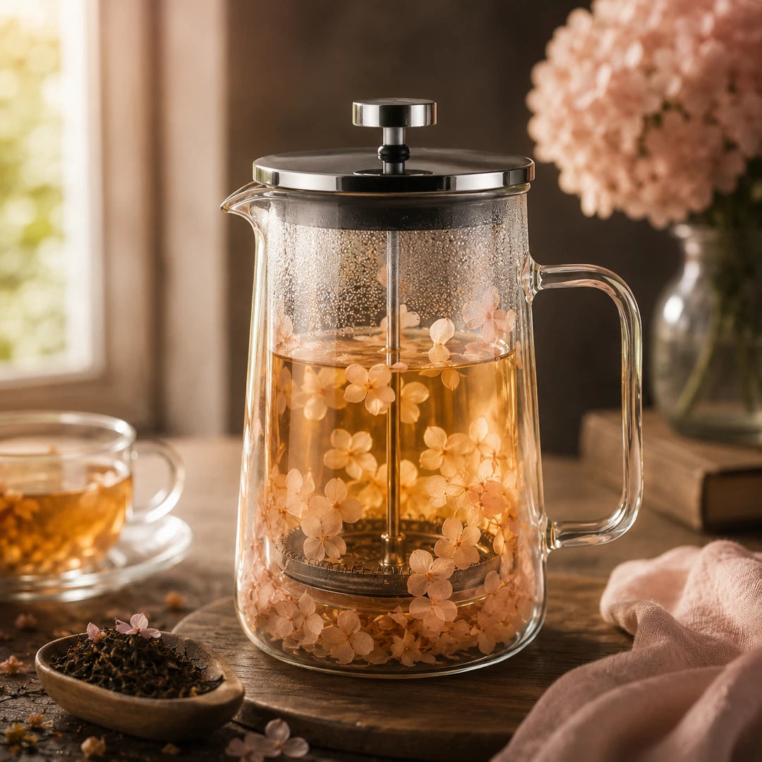 D.W.M Glass Double Wall French Press | Blush Pink Hydrangea Blossoms | 1 Litre
