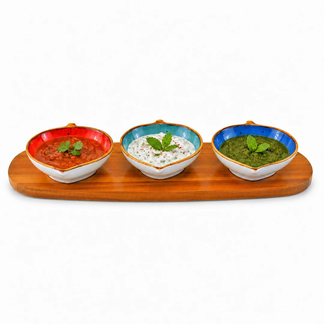 Danny Home 4-Piece Ceramic Bowl Set With Wooden Liner | Orange, Green & Blue Leaf Shaped | 50 ML