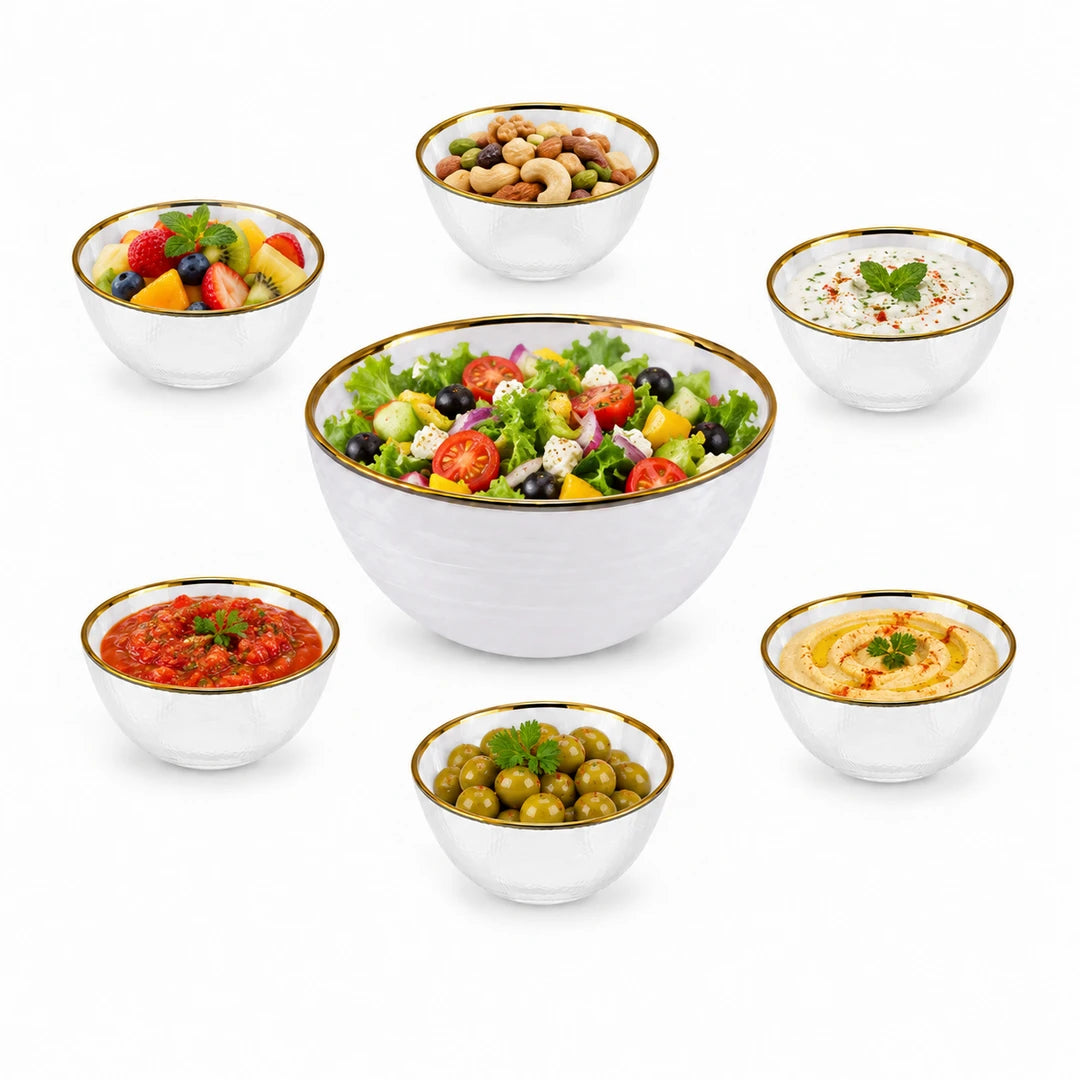 Danny Home 7-Piece Glass Serving Bowl Set | Clear With Gold Rim Strips
