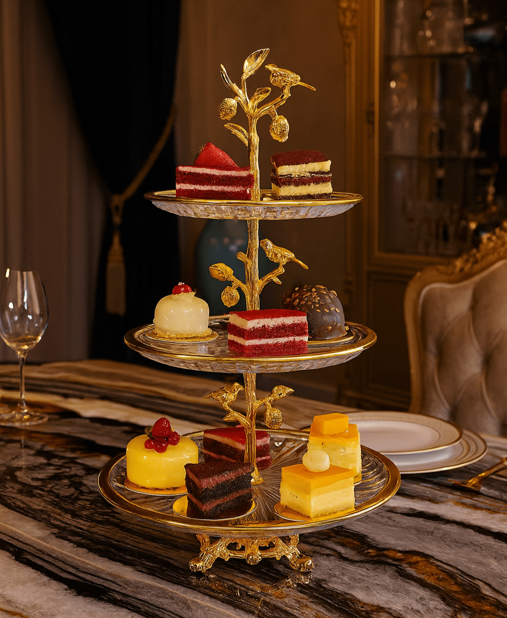 3-Tier Round Fancy Glass Platter Golden