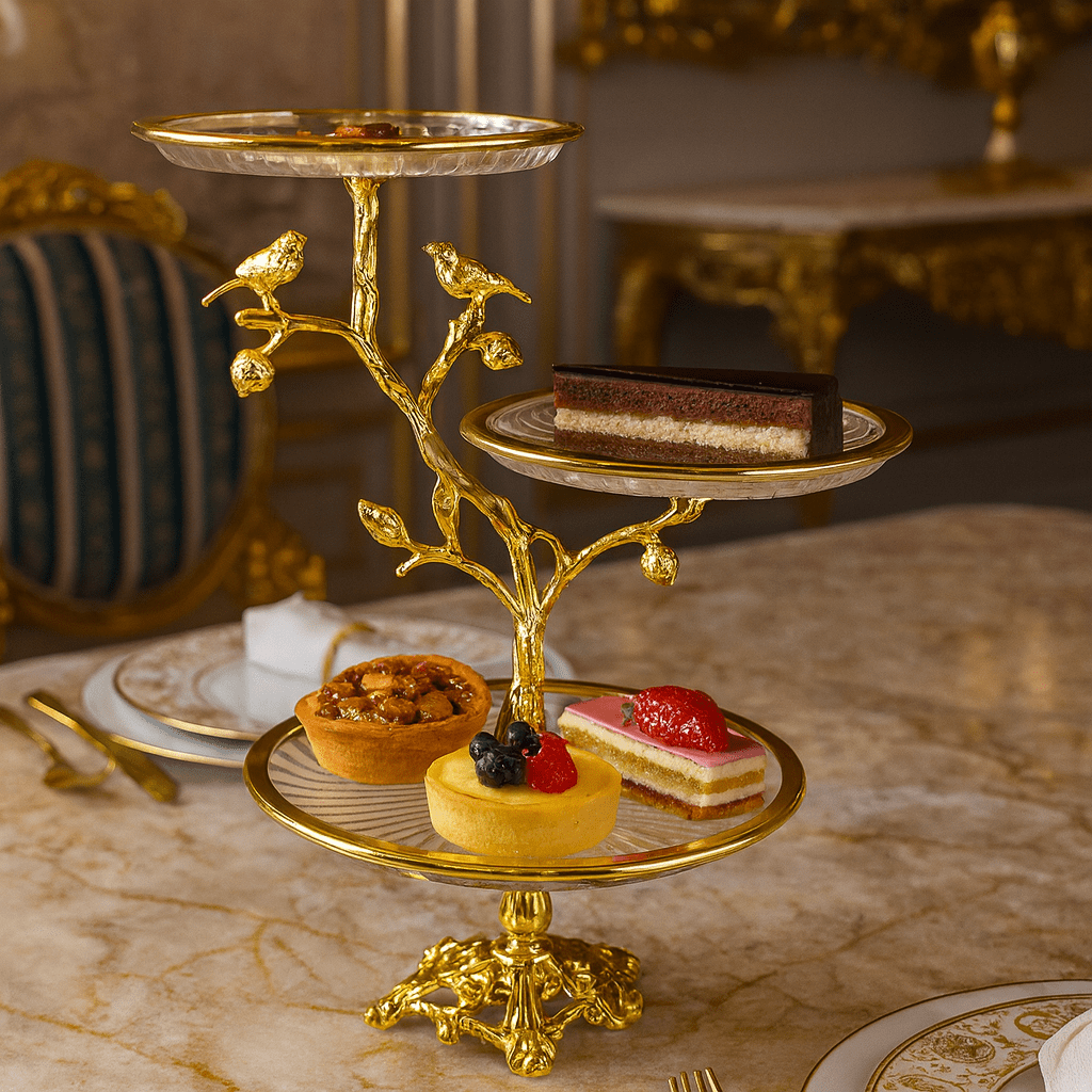 3-Tier Round Fancy Glass Platter Golden
