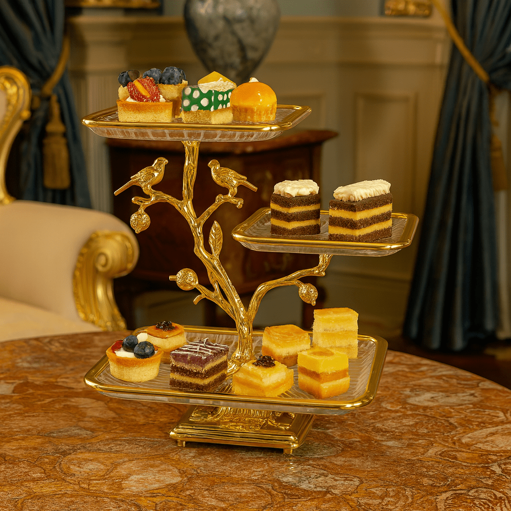3-Tier Square Fancy Glass Platter Golden