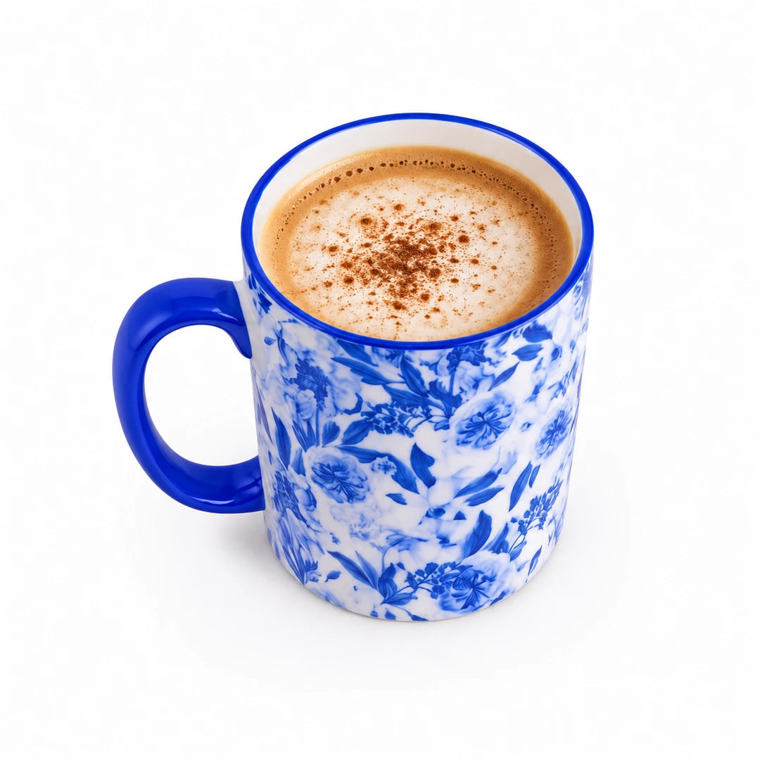 Danny Home Ceramic Mug | Blue Botanical Floral Design | White Interior | 350 ML