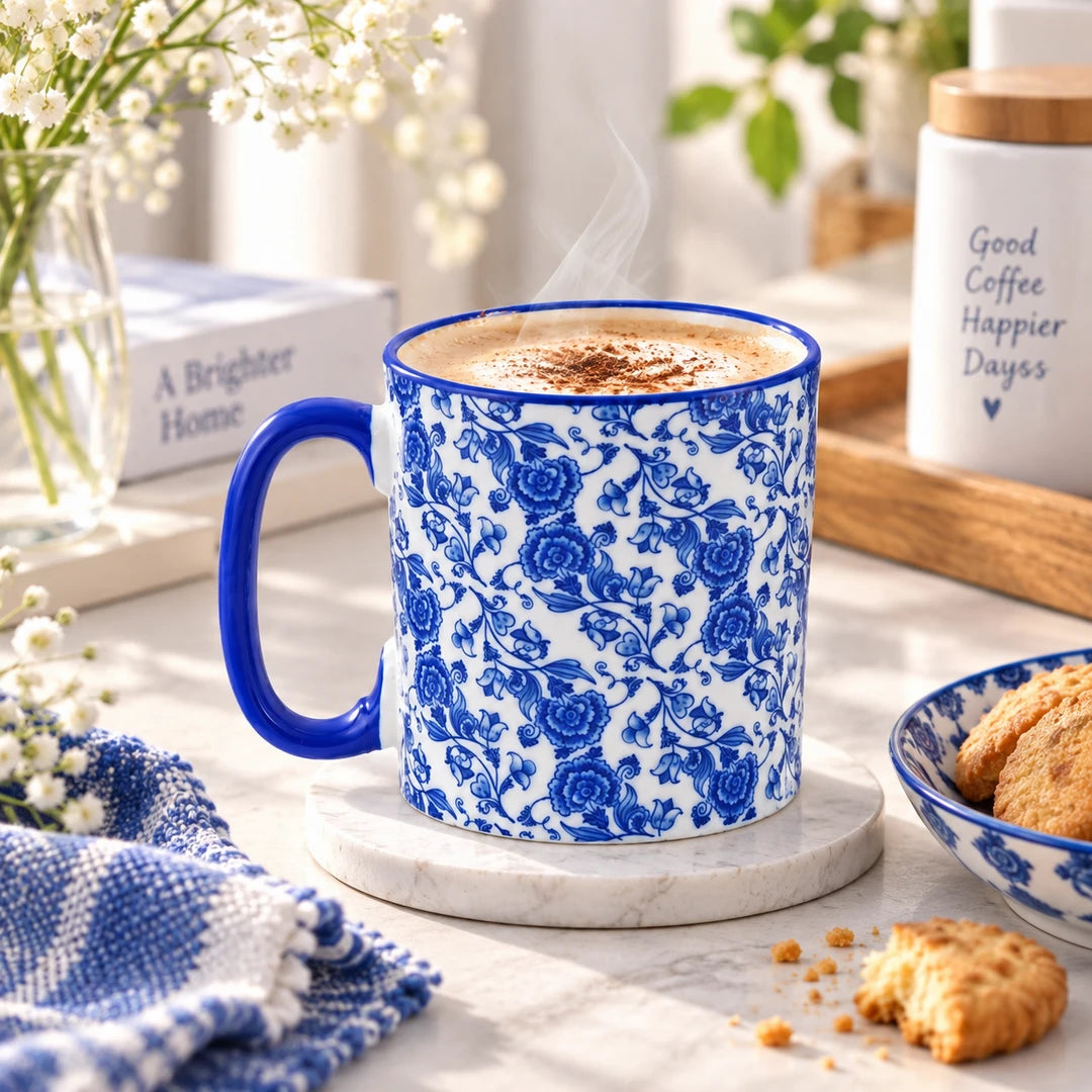 Danny Home Ceramic Mug | Blue Chinoiserie Floral Design | 350 ML