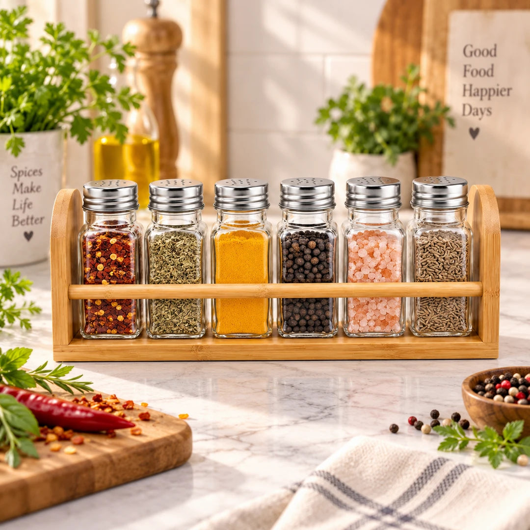 Danny Home 6-Piece Glass Spice Shaker Set| Silver & Black Caps | 50 ML