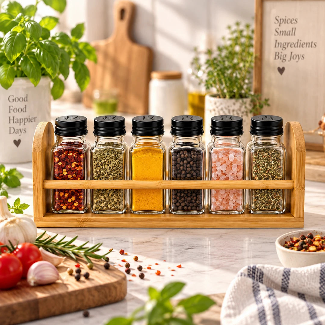 Danny Home 6-Piece Glass Spice Shaker Set| Silver & Black Caps | 50 ML