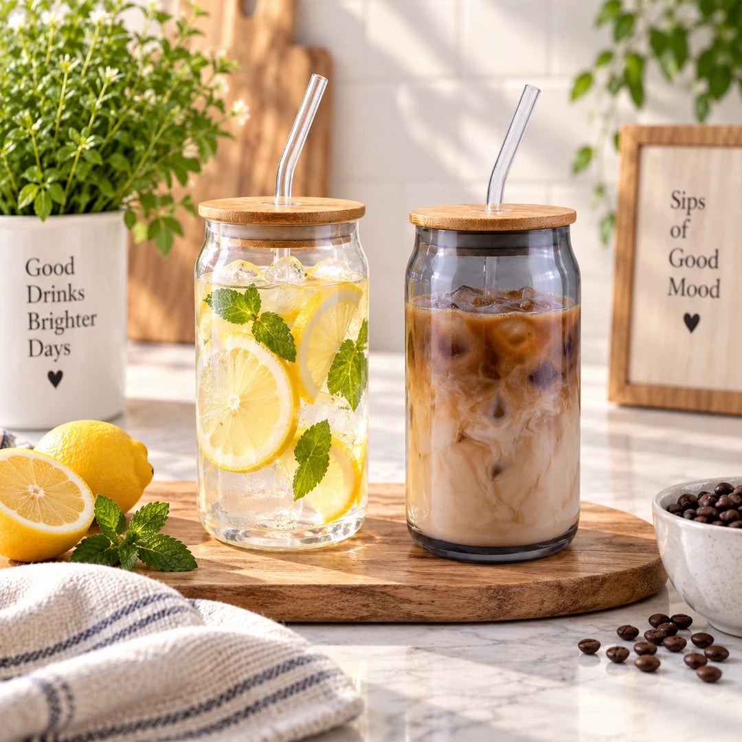 Danny Home 2-Piece Glass Mason Jar Set | White & Grey | 500 ML