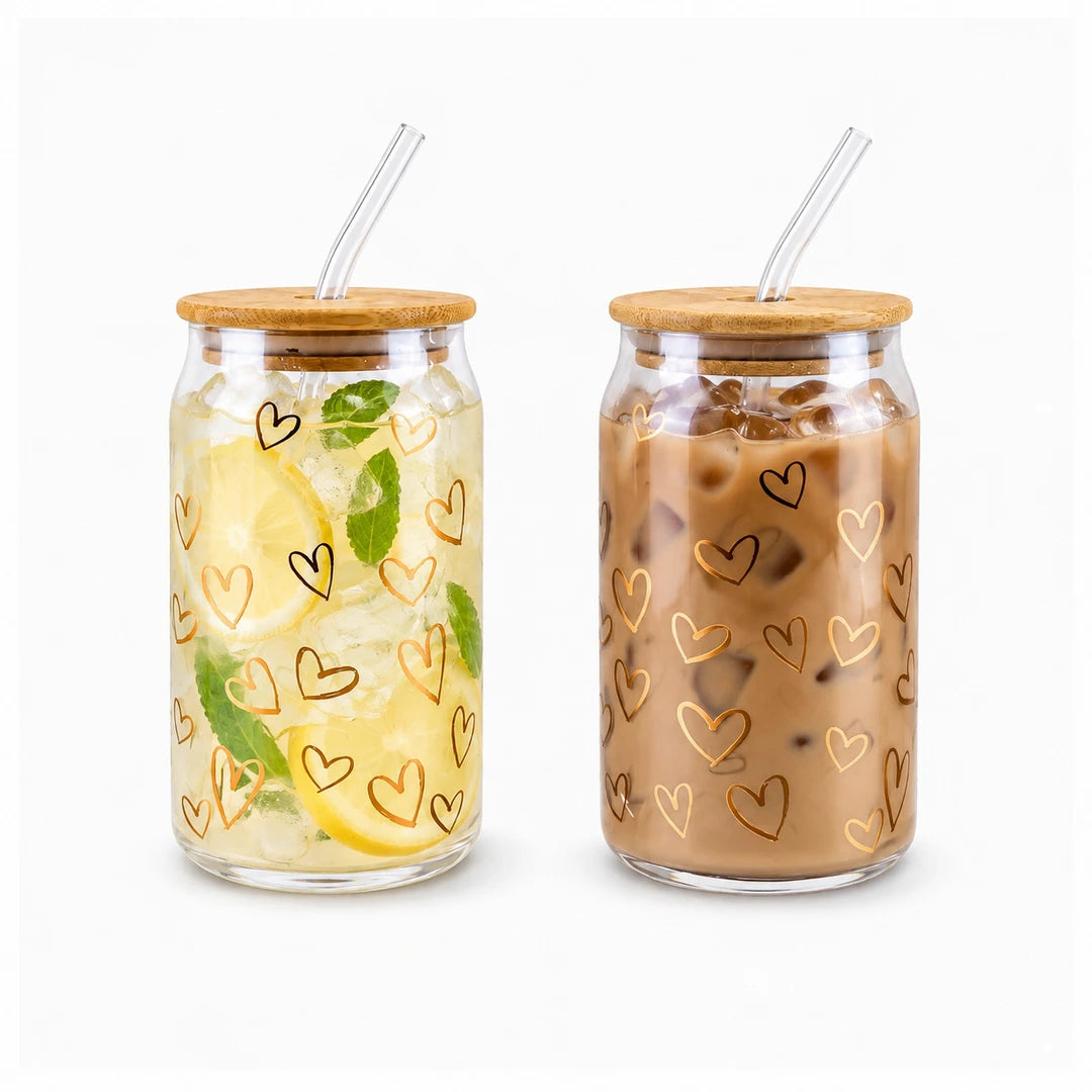 Danny Home 2-Piece Glass Mason Jar Set | Clear Heart Design | 500 ML