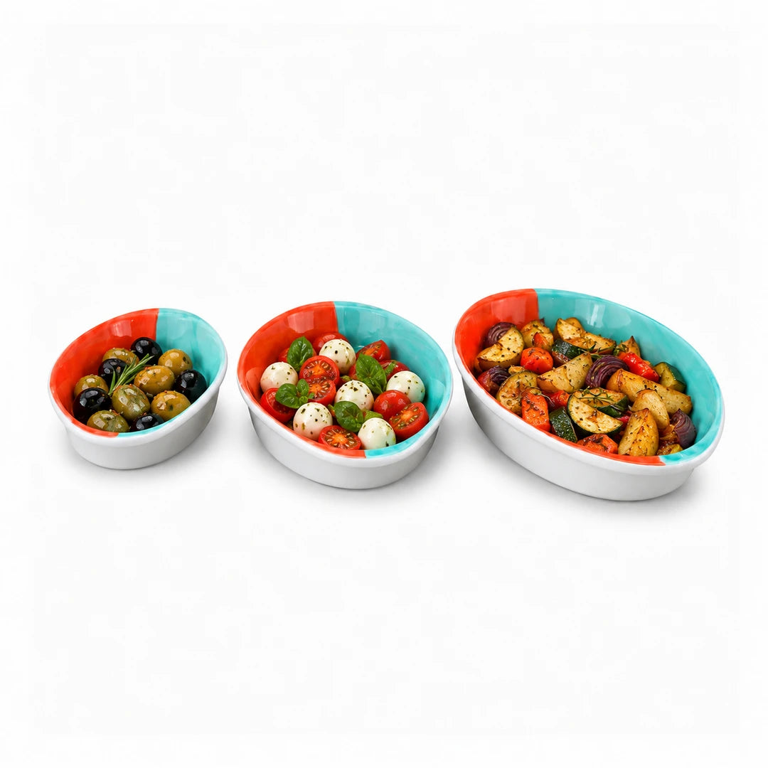Danny Home 3-Piece Ceramic Oval Serving Dish Set | Orange & Lime or Yellow & White