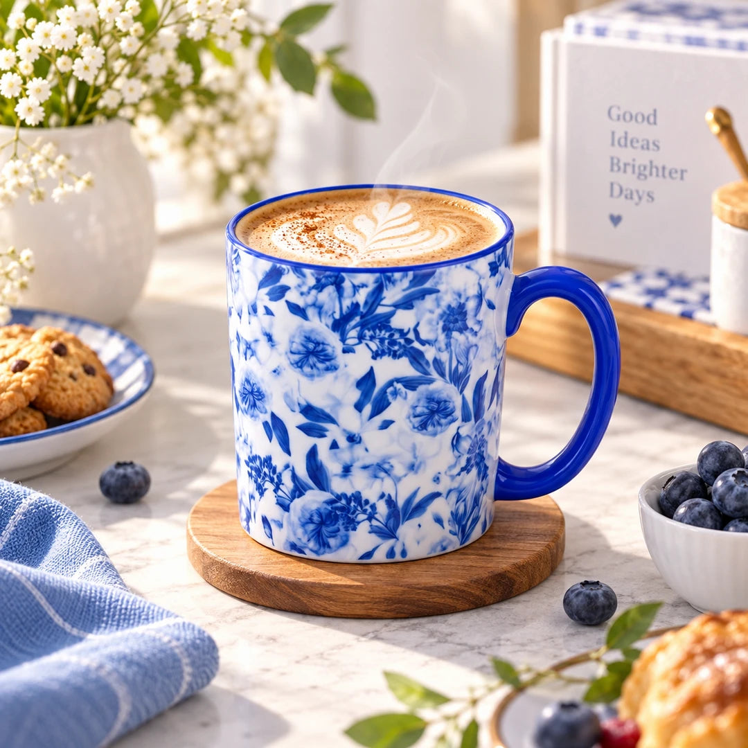 Danny Home Ceramic Mug | Blue Botanical Floral Design | White Interior | 350 ML