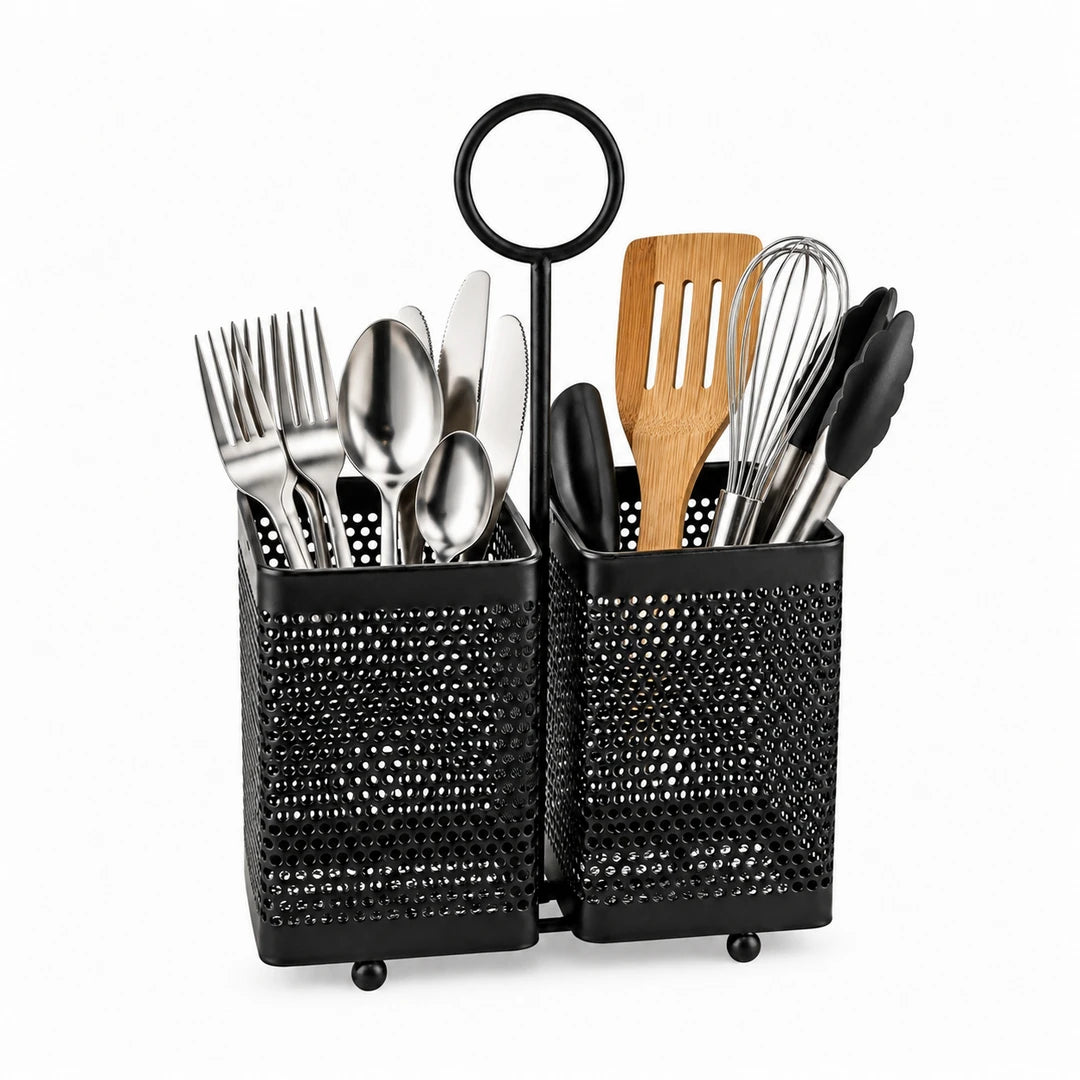 Fancy Square Utensil Holder Set - Black | 2 Compartments
