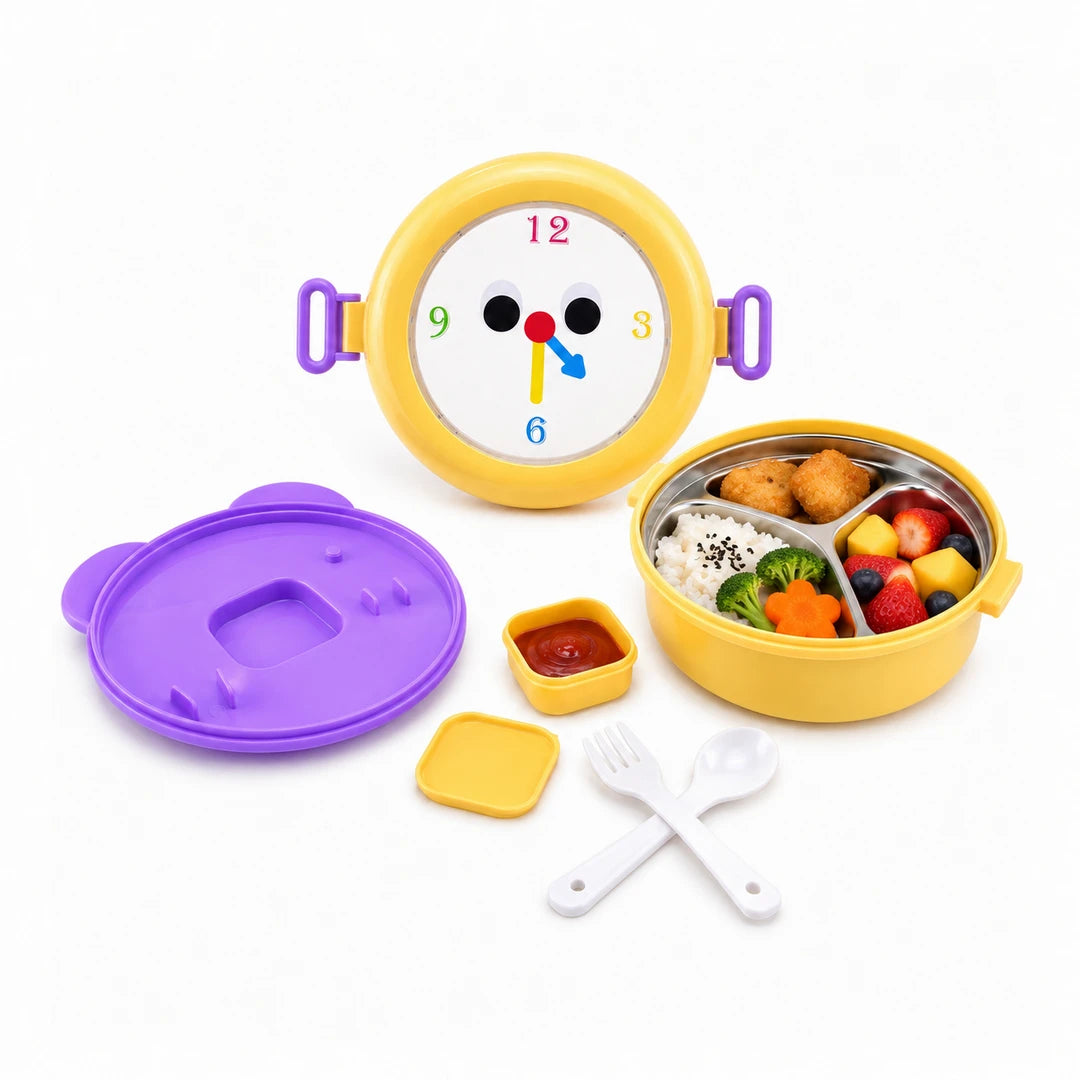 Tedemei Stainless Steel Round Lunch Box | Yellow Clock
