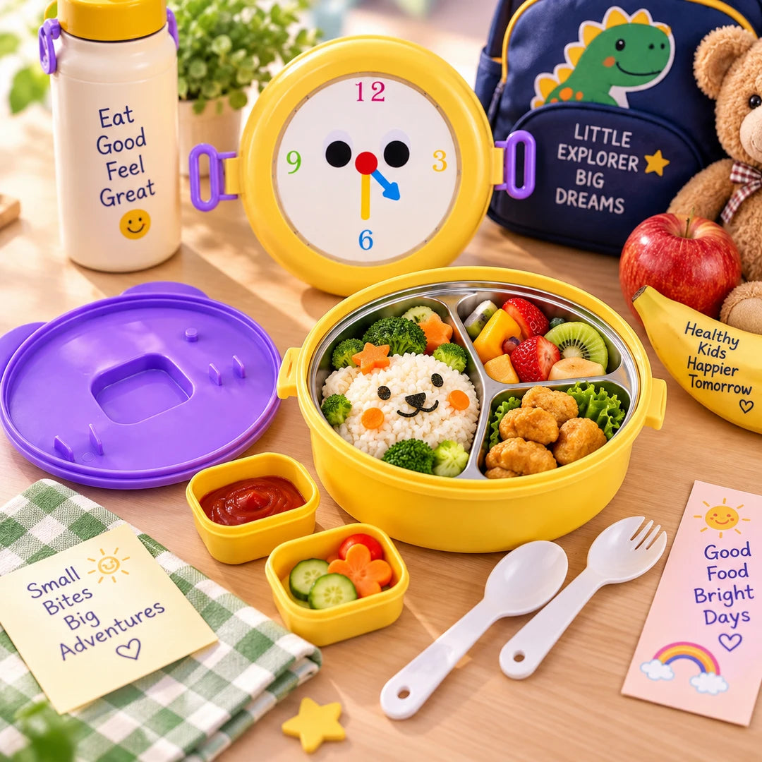 Tedemei Stainless Steel Round Lunch Box | Yellow Clock