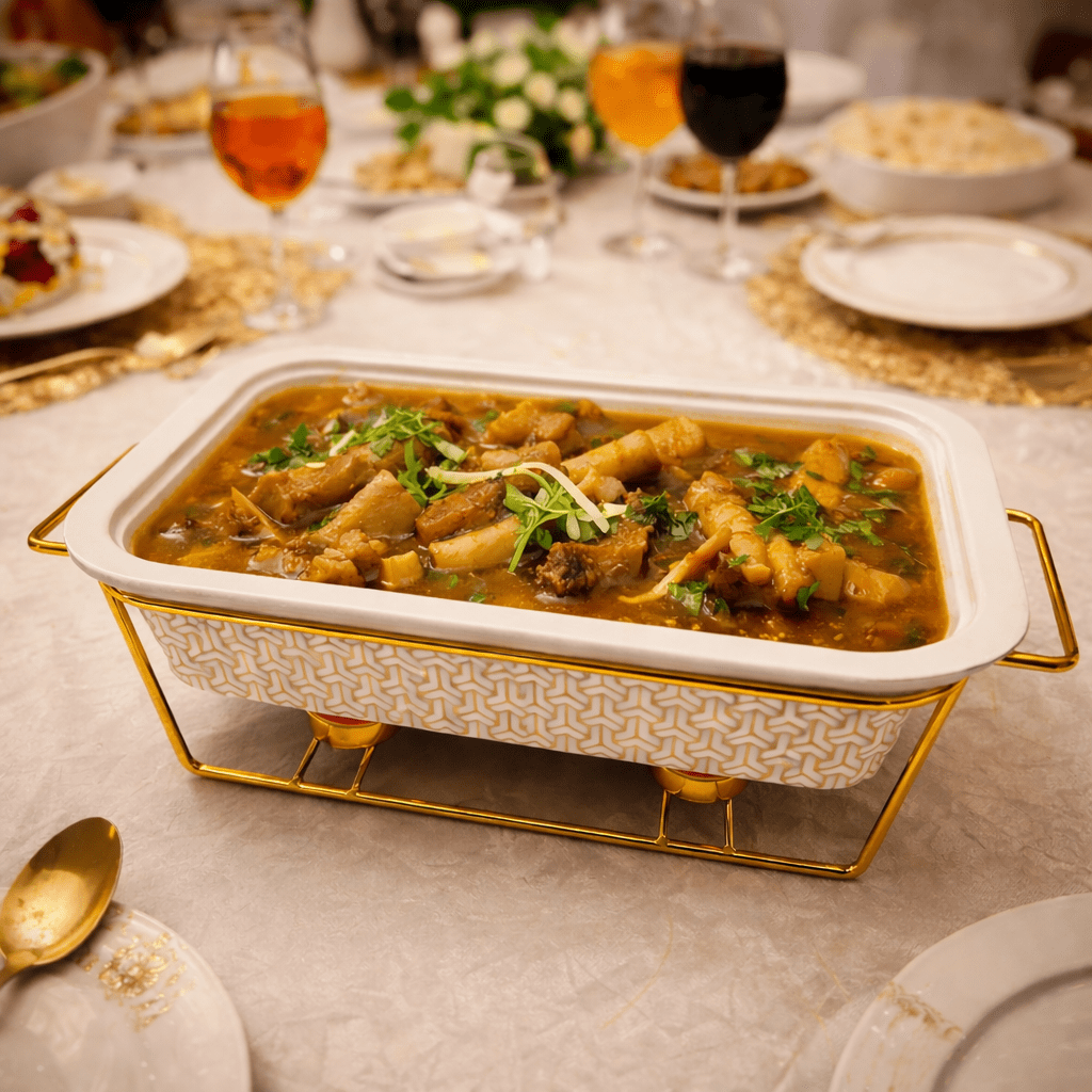 S/W Food Warmer 3-Piece Set White With Golden Stand