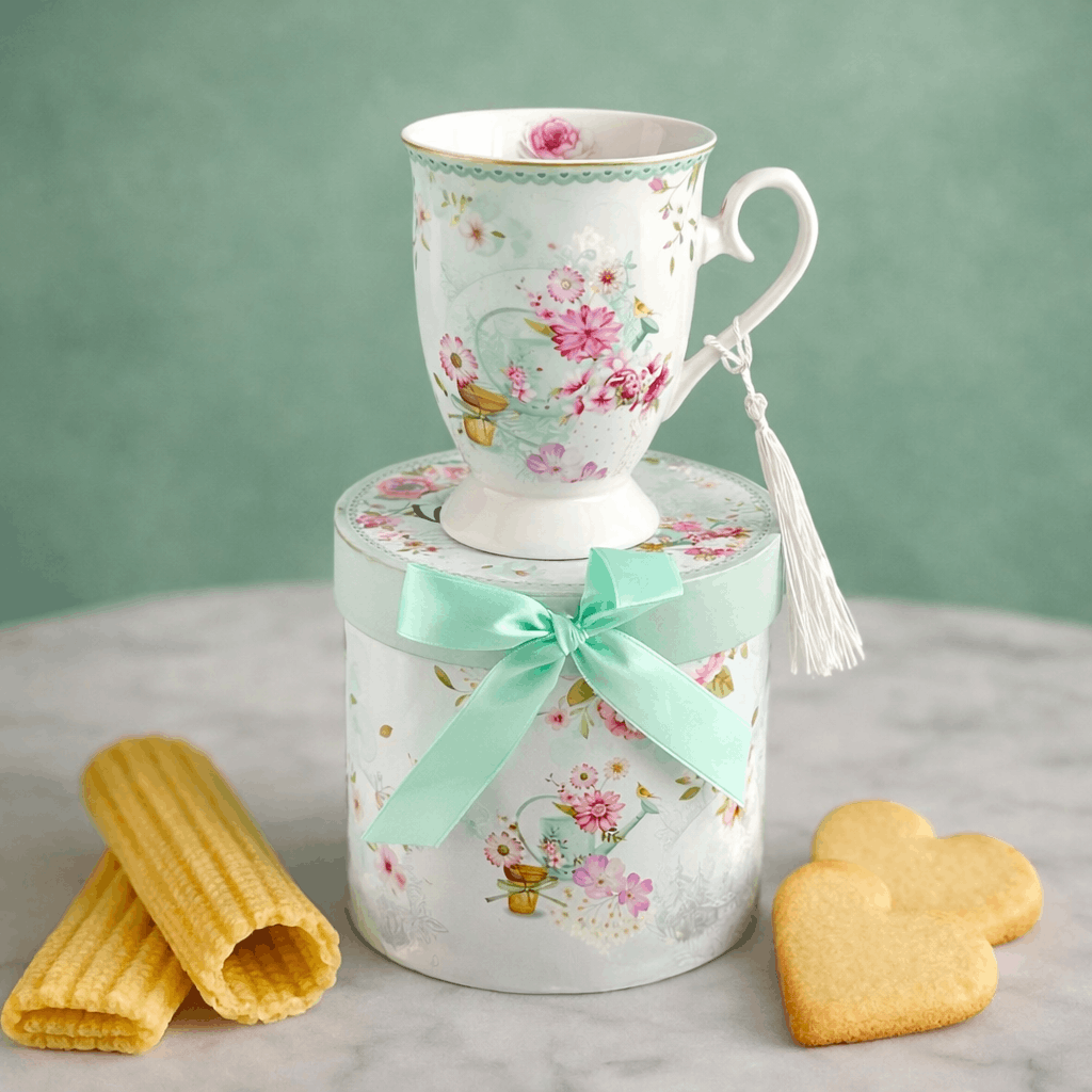 Porcelain 300ml Light Green Flower Design Mug with Gift Box