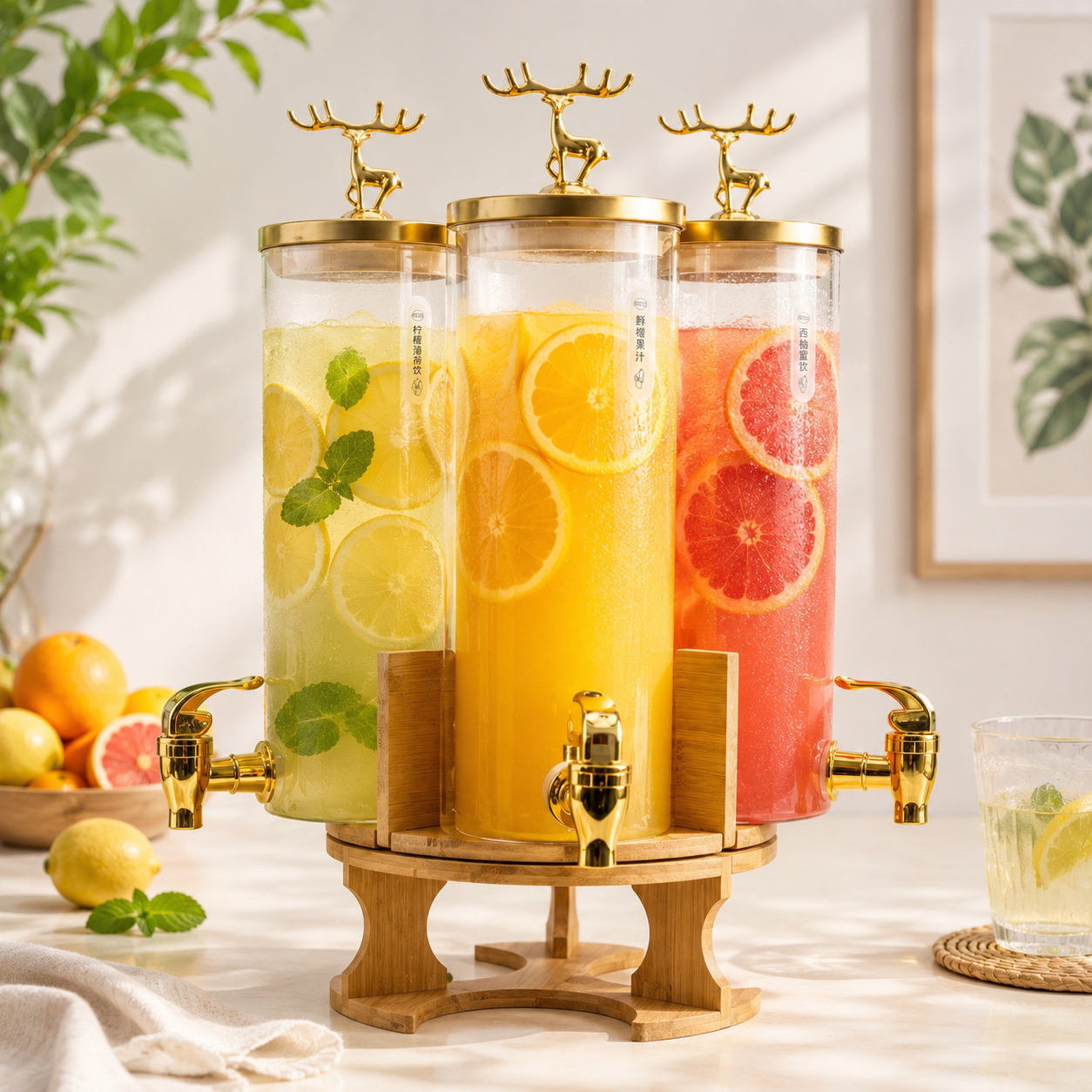 Deli 3-Tank Glass Juice Dispenser With Golden Taps