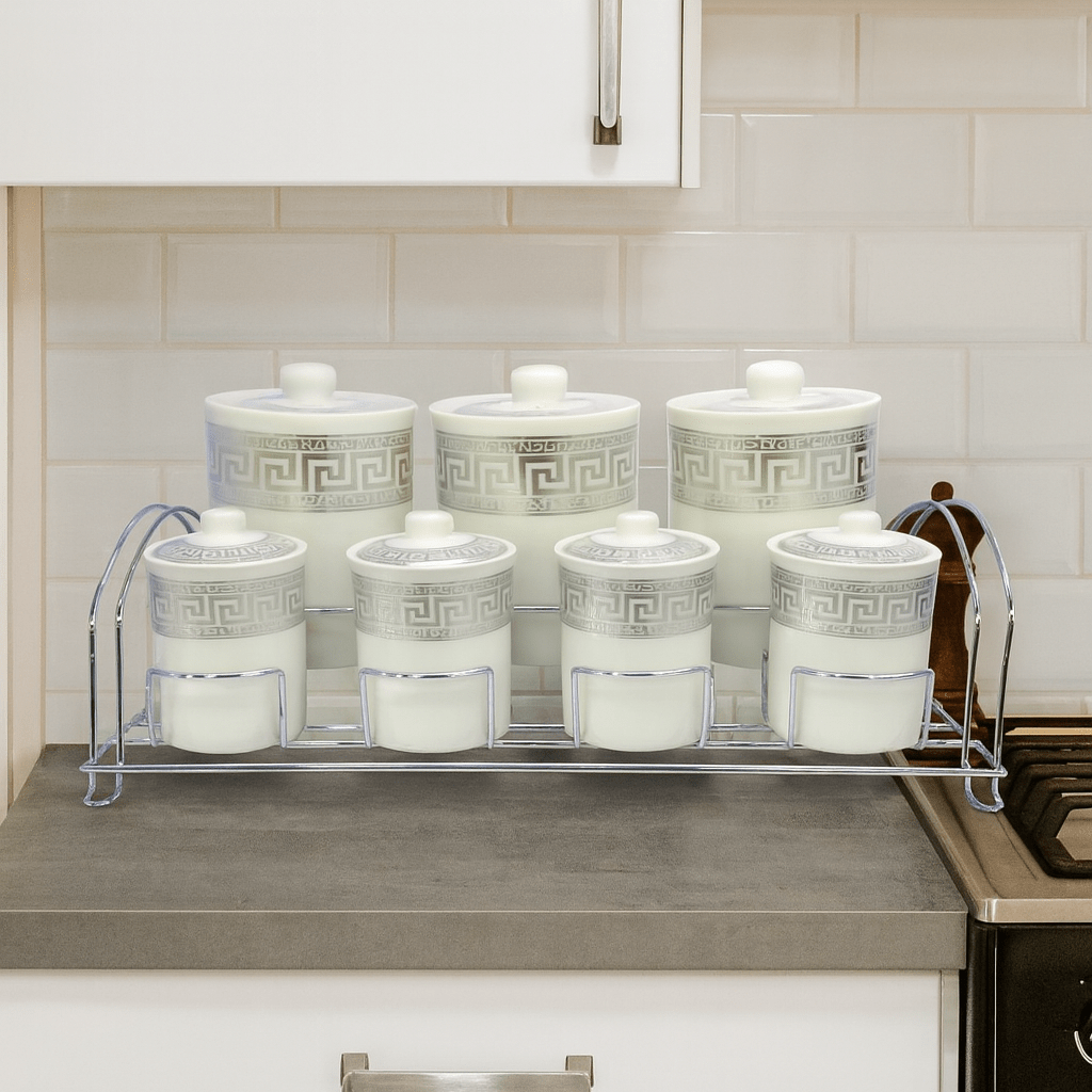 7-Piece Vesace-Pattern Ceramic Spice Jar Set Silver