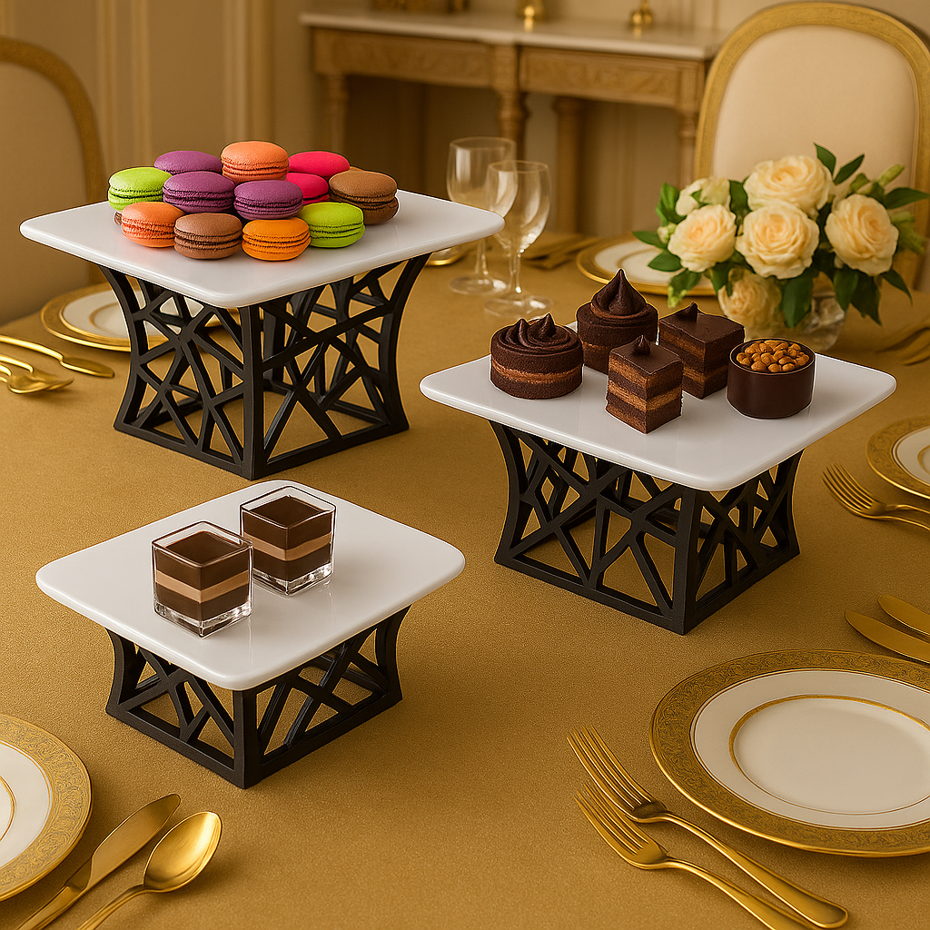 3-Piece Square Serving Platter Set With Black Stand
