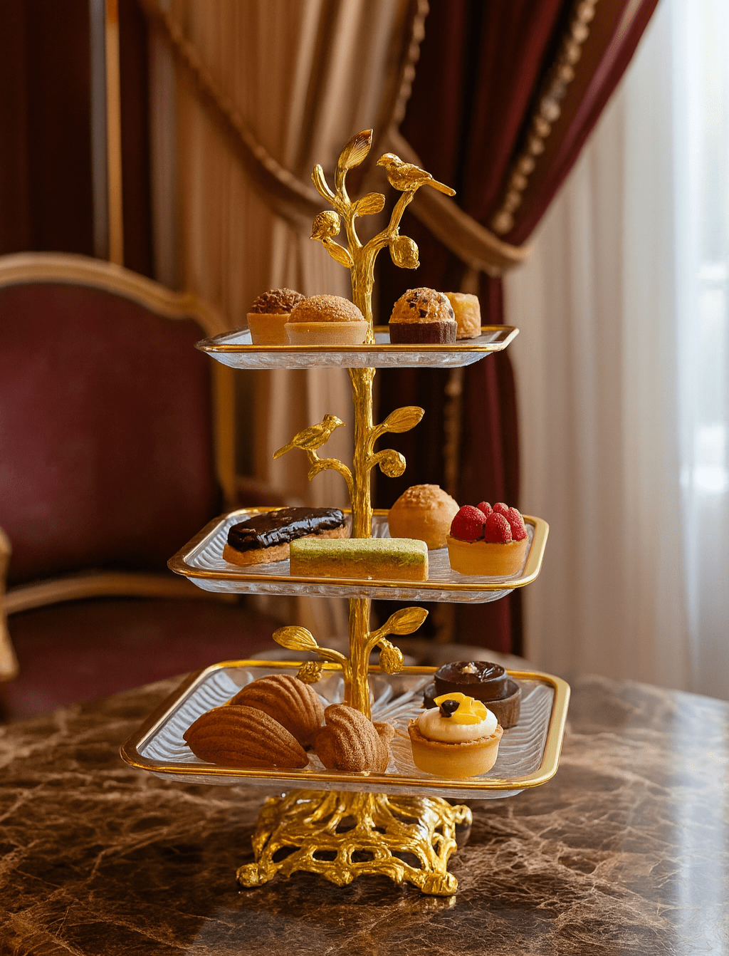 3-Tier Square Fancy Glass Platter Golden
