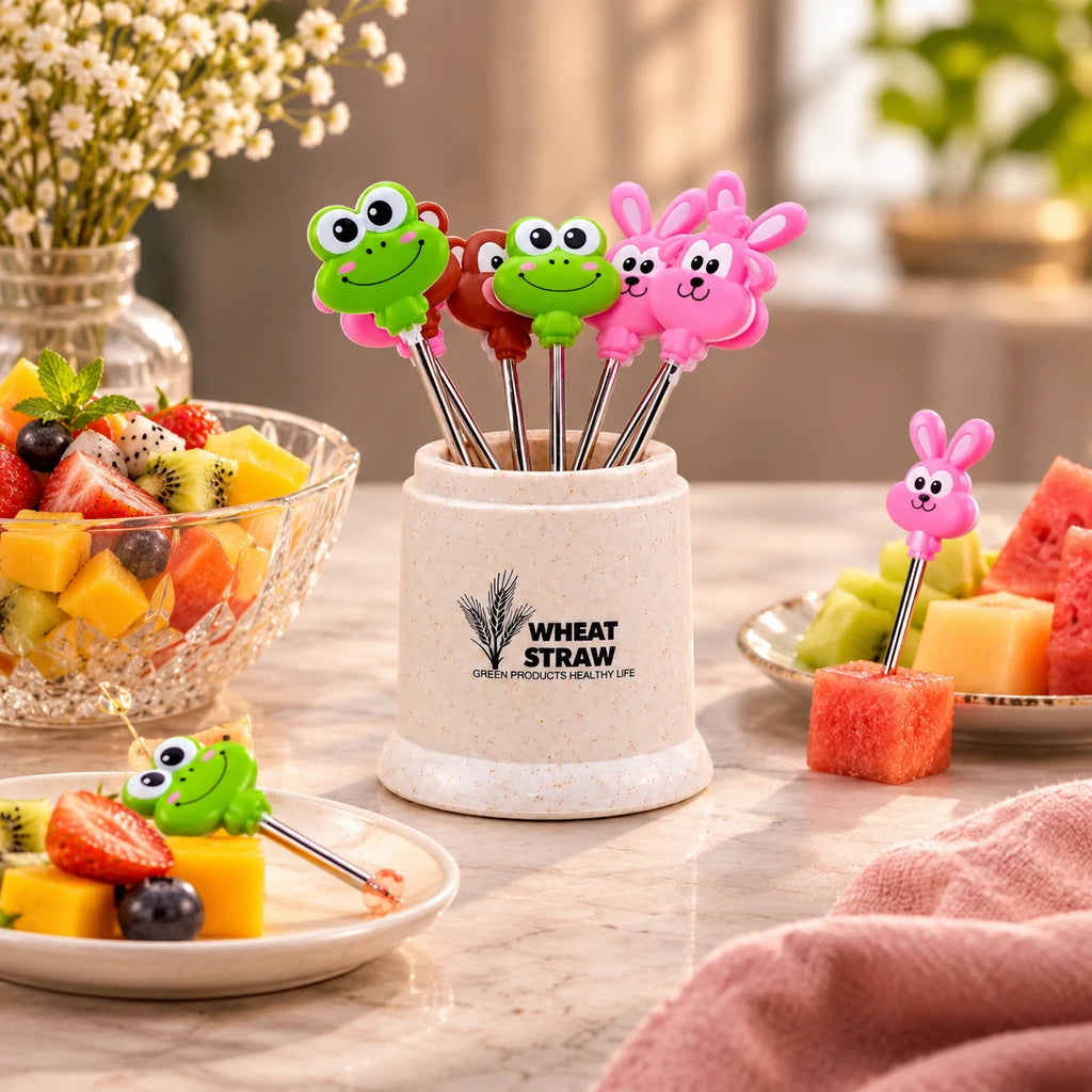 Animal Fruit Fork Set with Holder, 7 Forks, 4.75 Inch
