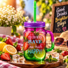 Kleeyo Pink-Green Too Much Happy Glass Mason Jar, 450 ml