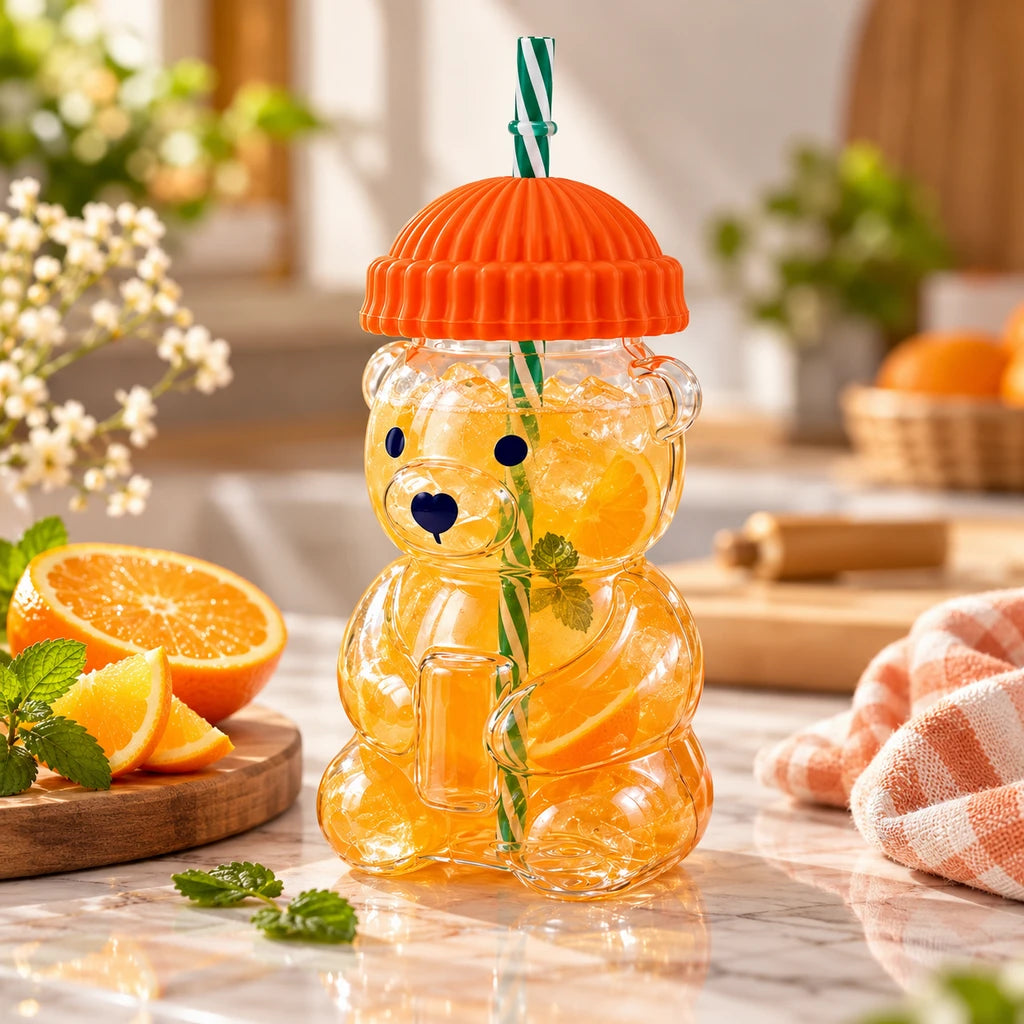 D.W.M 650 ml Bear-Shaped Glass Mug With Lid & Straw - Pink, Green, Blue, Yellow & Orange