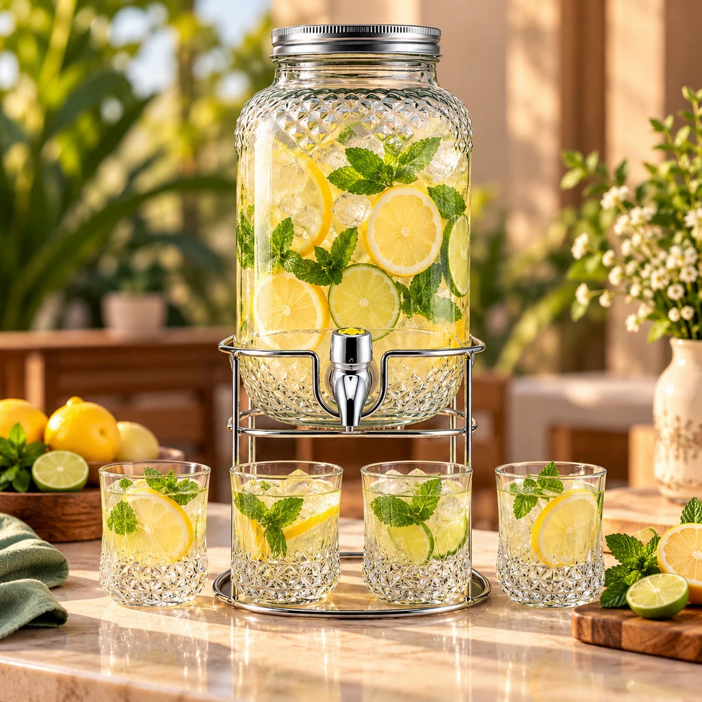 Danny Home 4-Litre Glass Beverage Dispenser with 4 Glasses & Stand