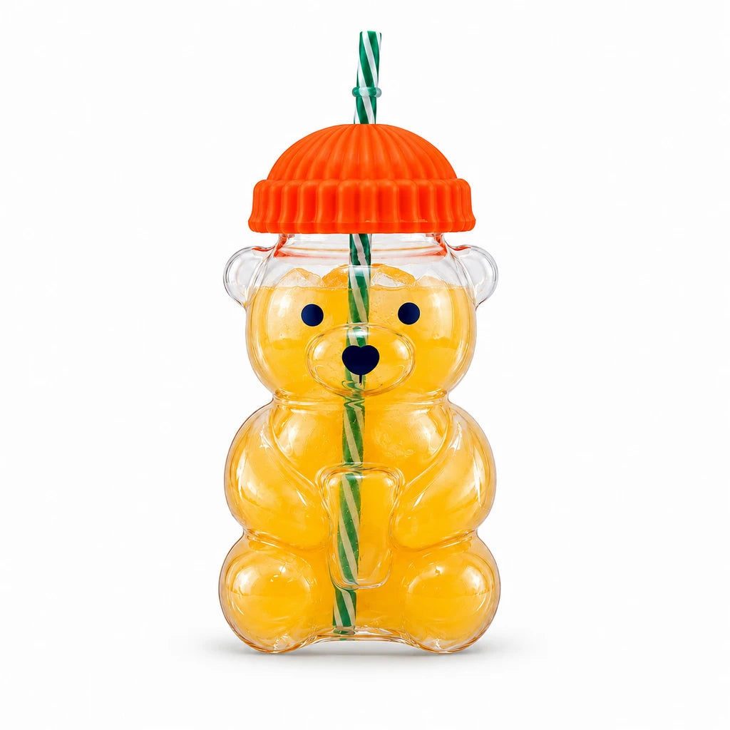 D.W.M 650 ml Bear-Shaped Glass Mug With Lid & Straw - Pink, Green, Blue, Yellow & Orange
